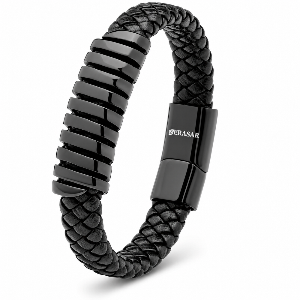 SERASAR Helix Leather Bracelet – Black, 20 cm