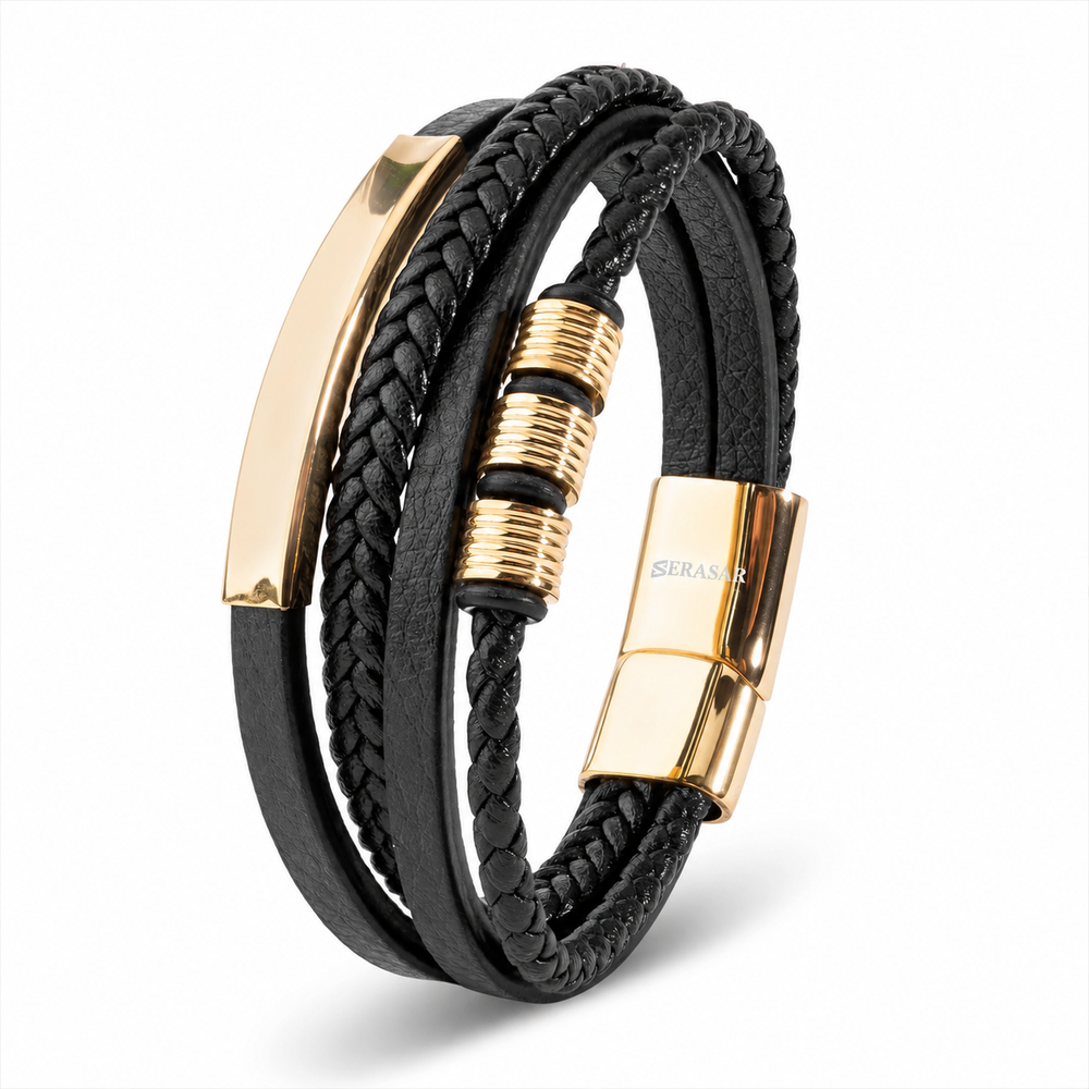 SERASAR Brave Leather Bracelet – Gold & Black, 23 cm