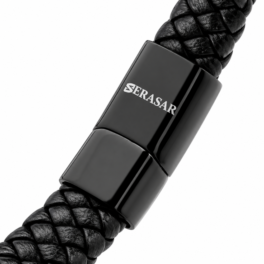 SERASAR Helix Leather Bracelet – Black, 20 cm