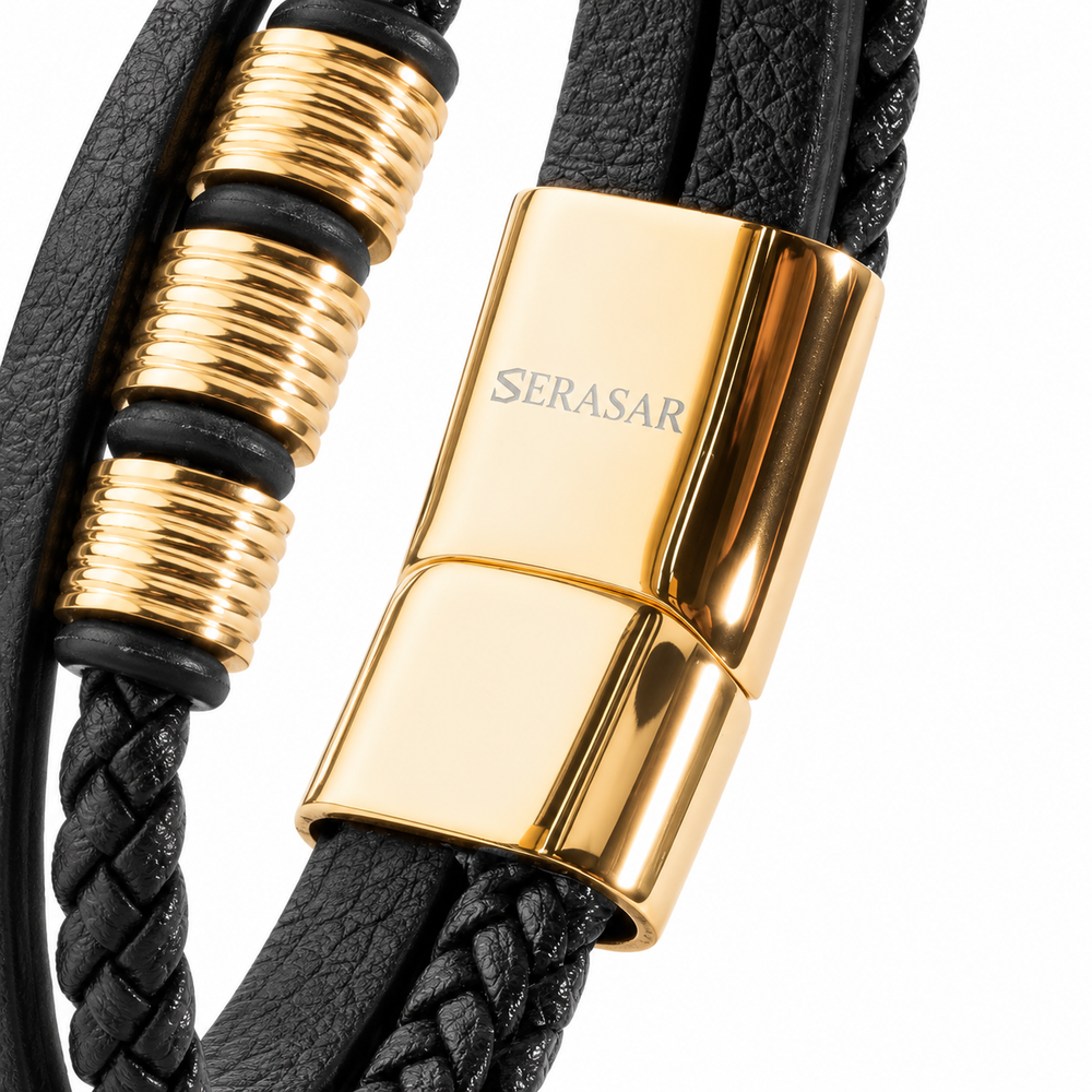 SERASAR Brave Leather Bracelet – Gold & Black, 23 cm