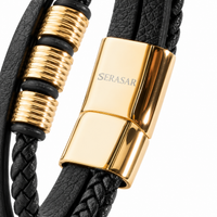 SERASAR Brave Leather Bracelet – Gold & Black, 23 cm