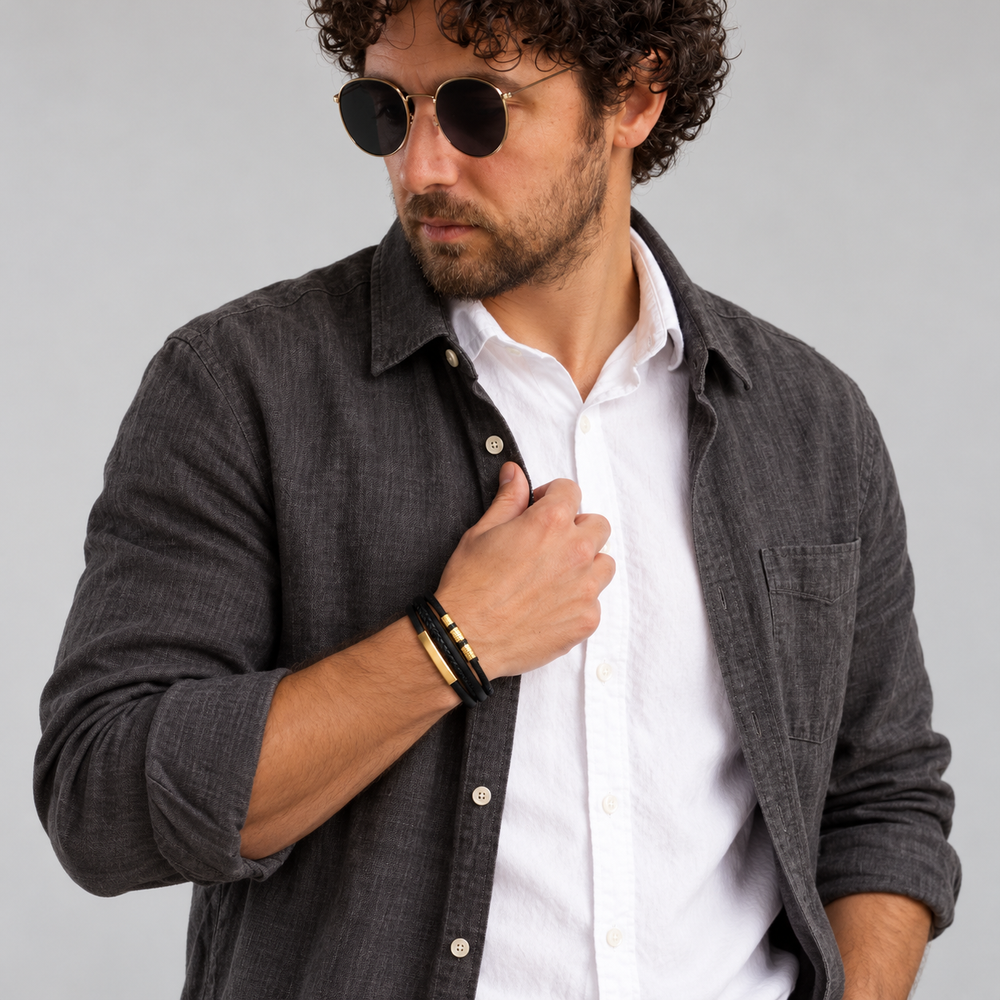 SERASAR Brave Leather Bracelet – Gold & Black, 23 cm